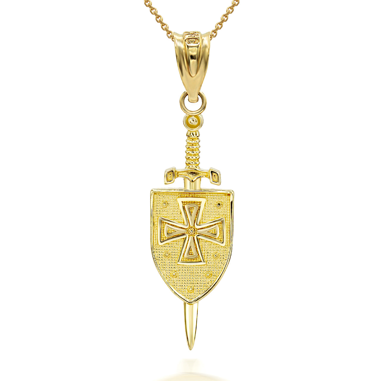 Gold 3D Saint Michael Sword & Shield Cross Pendant Necklace, view 2