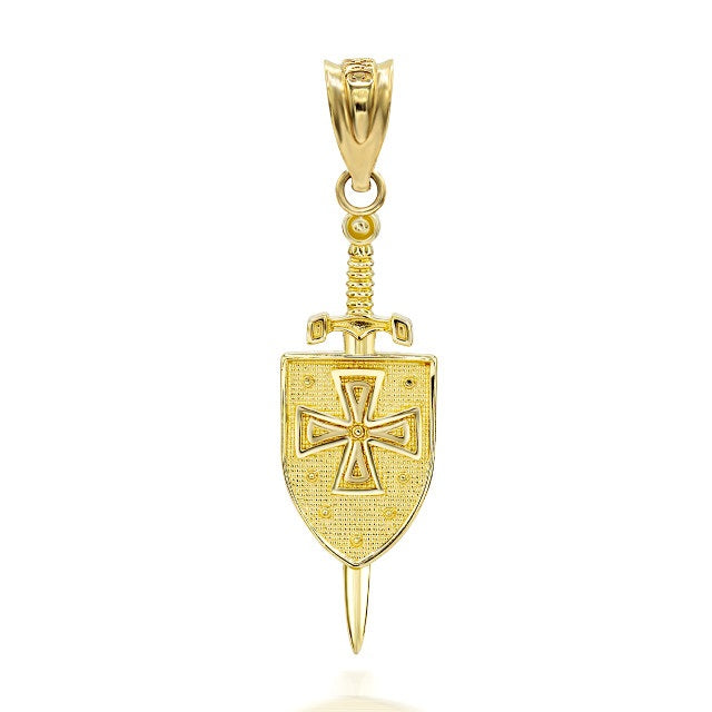 Gold 3D Saint Michael Sword & Shield Cross Pendant Necklace, view 10