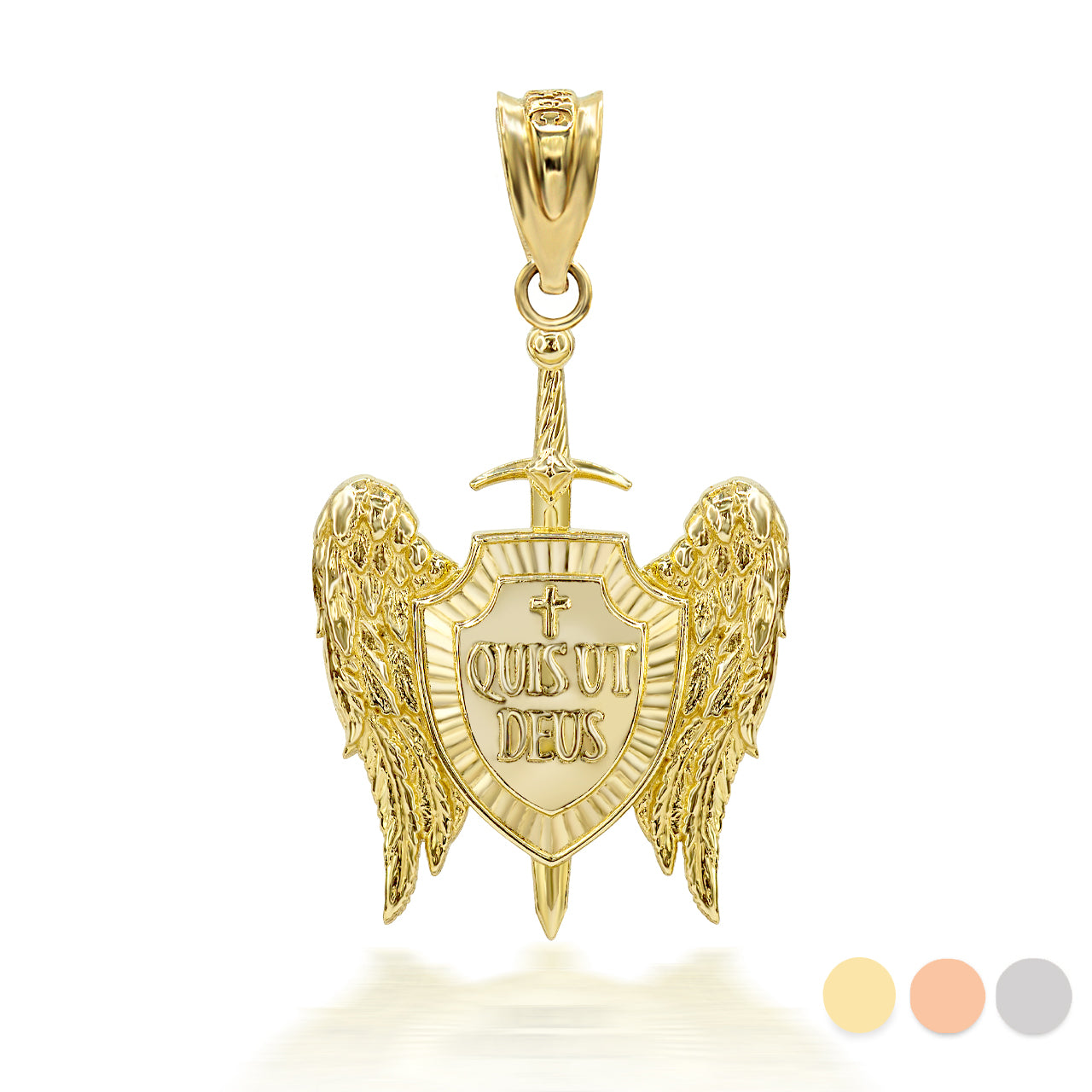 Gold 3D Saint Michael Sword & Shield "Quis Ut Deus" Angel Wings Pendant Necklace