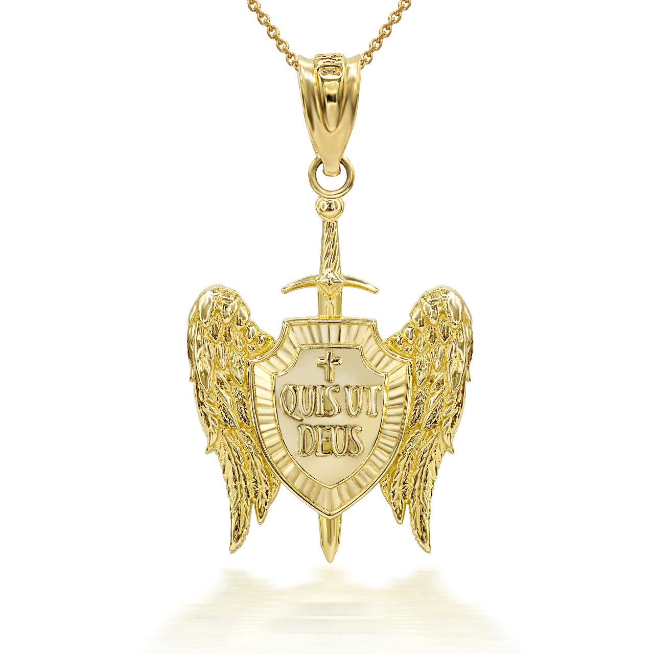 Gold 3D Saint Michael Sword & Shield "Quis Ut Deus" Angel Wings Pendant Necklace, view 2