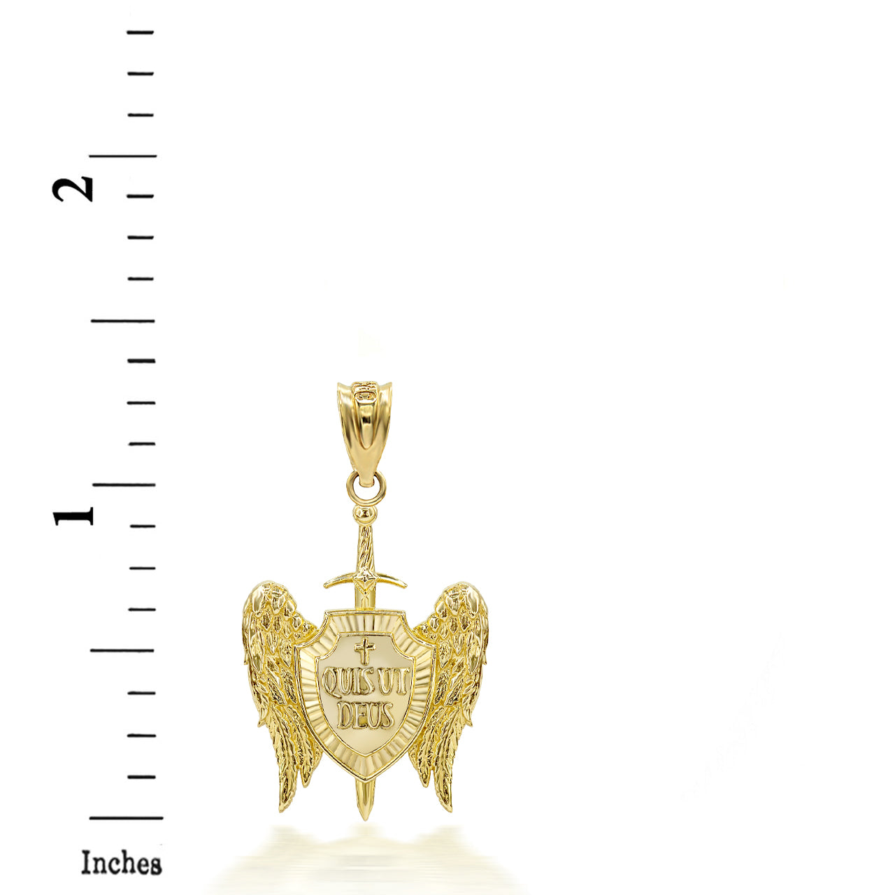 Gold 3D Saint Michael Sword & Shield "Quis Ut Deus" Angel Wings Pendant Necklace, view 4