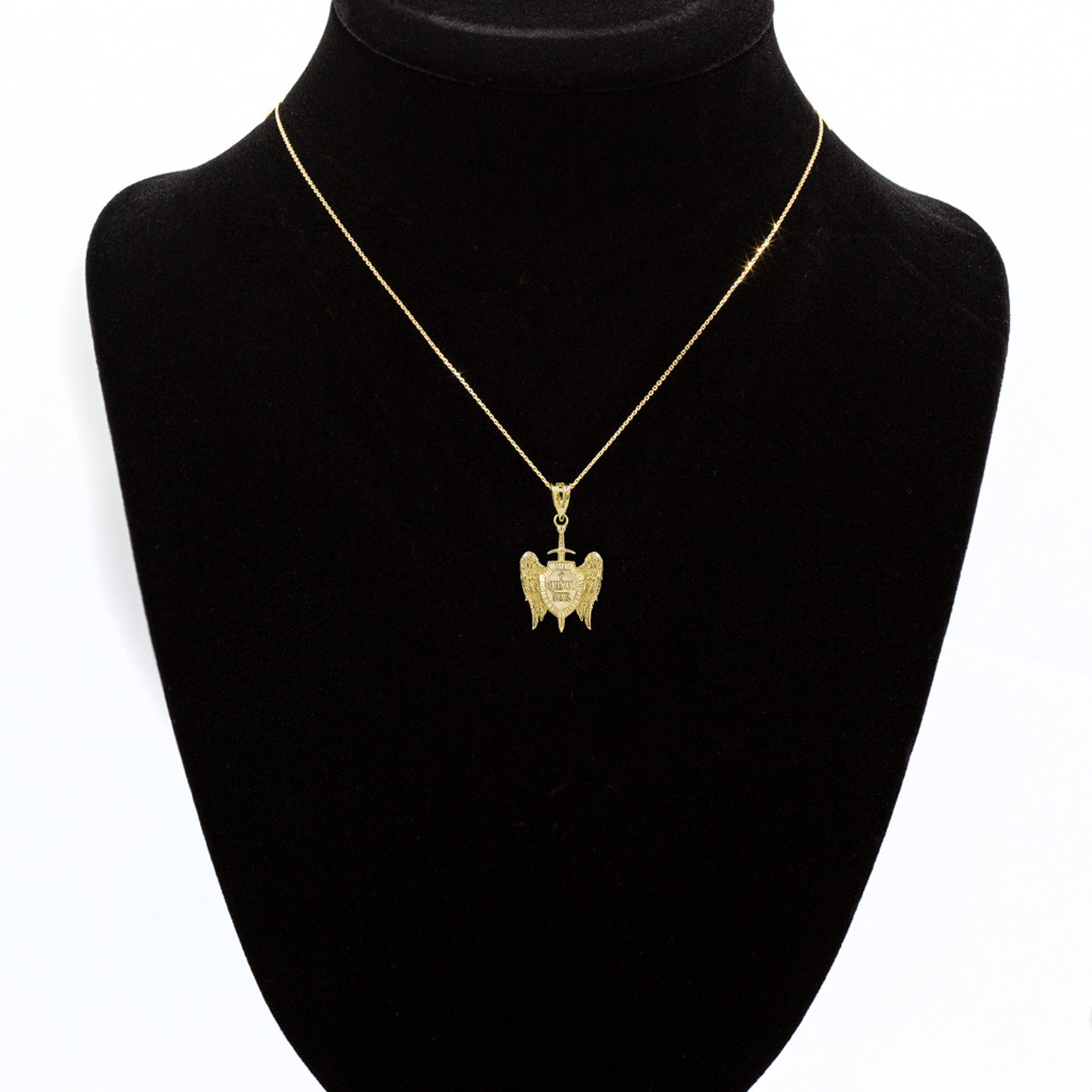 Gold 3D Saint Michael Sword & Shield "Quis Ut Deus" Angel Wings Pendant Necklace, view 5