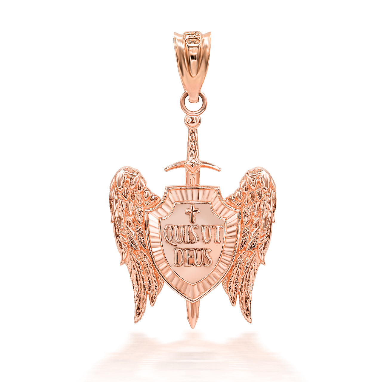 Gold 3D Saint Michael Sword & Shield "Quis Ut Deus" Angel Wings Pendant Necklace, view 6
