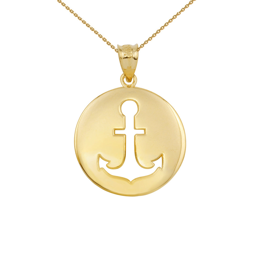 Gold Anchor Silhouette Circle Pendant Necklace