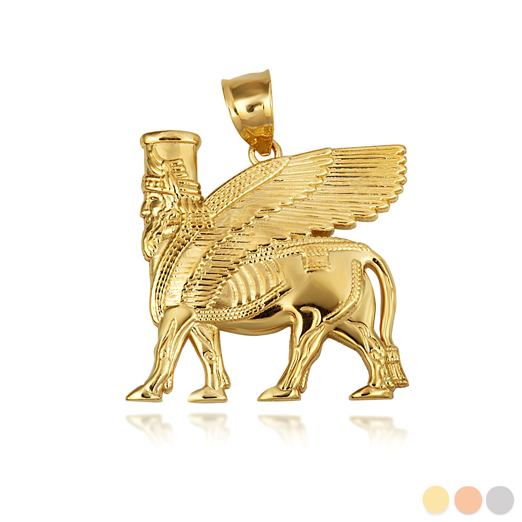 Gold Ancient Assyrian God Lamassu Winged Bull Pendant Necklace