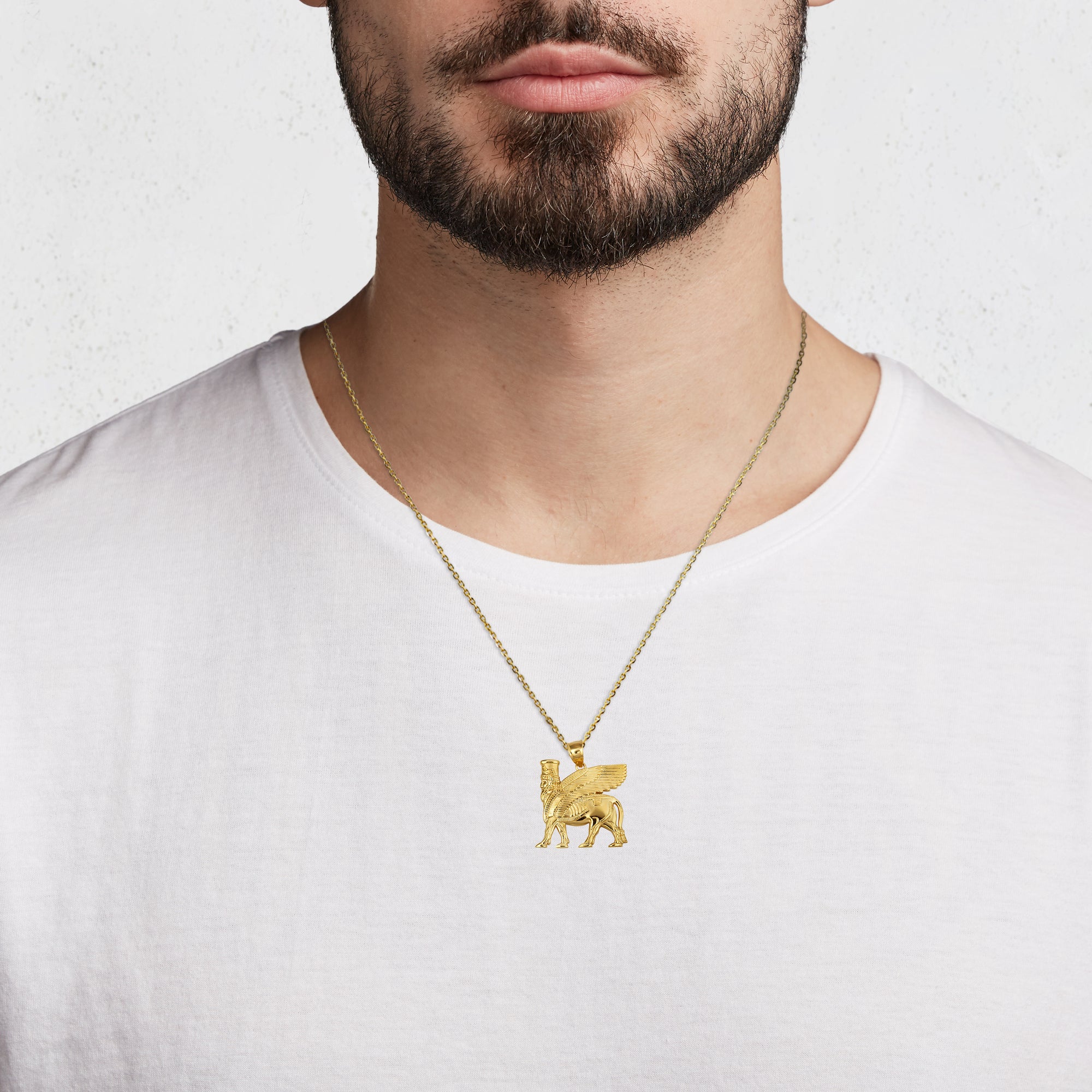 Gold Ancient Assyrian God Lamassu Winged Bull Pendant Necklace, view 2