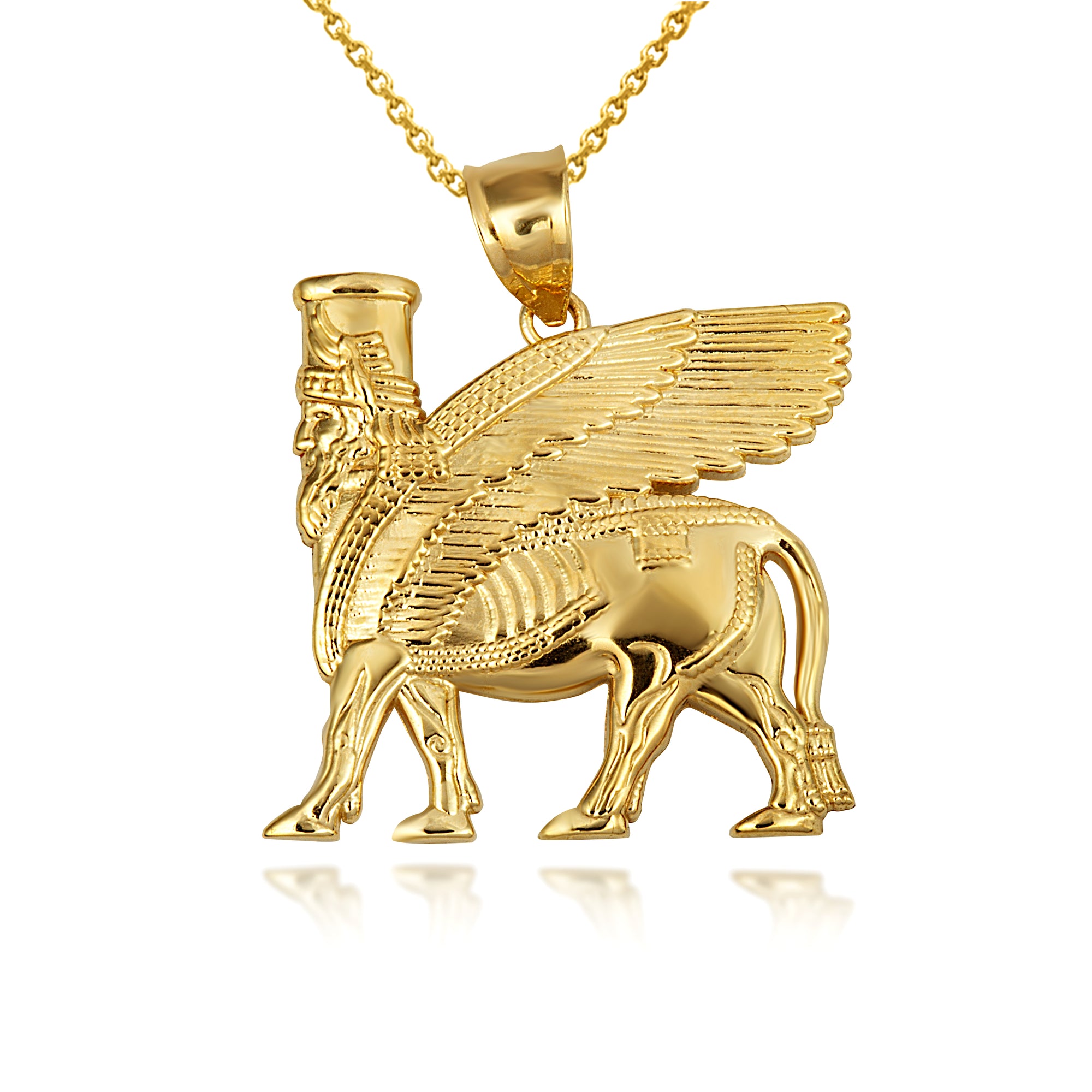Gold Ancient Assyrian God Lamassu Winged Bull Pendant Necklace, view 4