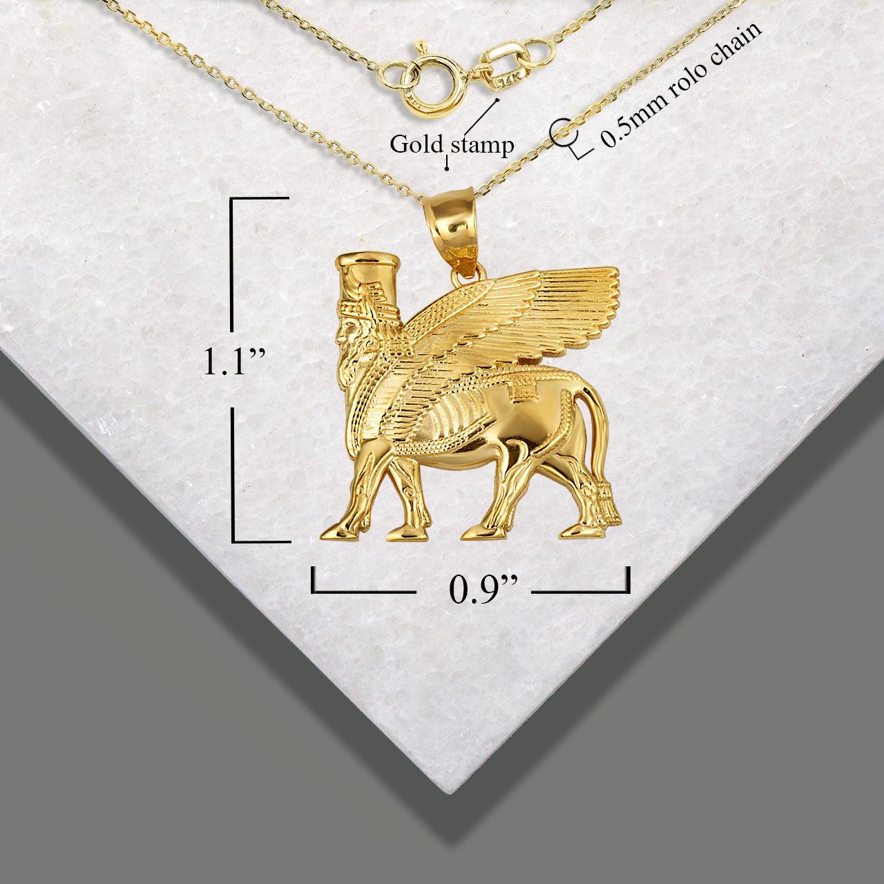 Gold Ancient Assyrian God Lamassu Winged Bull Pendant Necklace, view 5