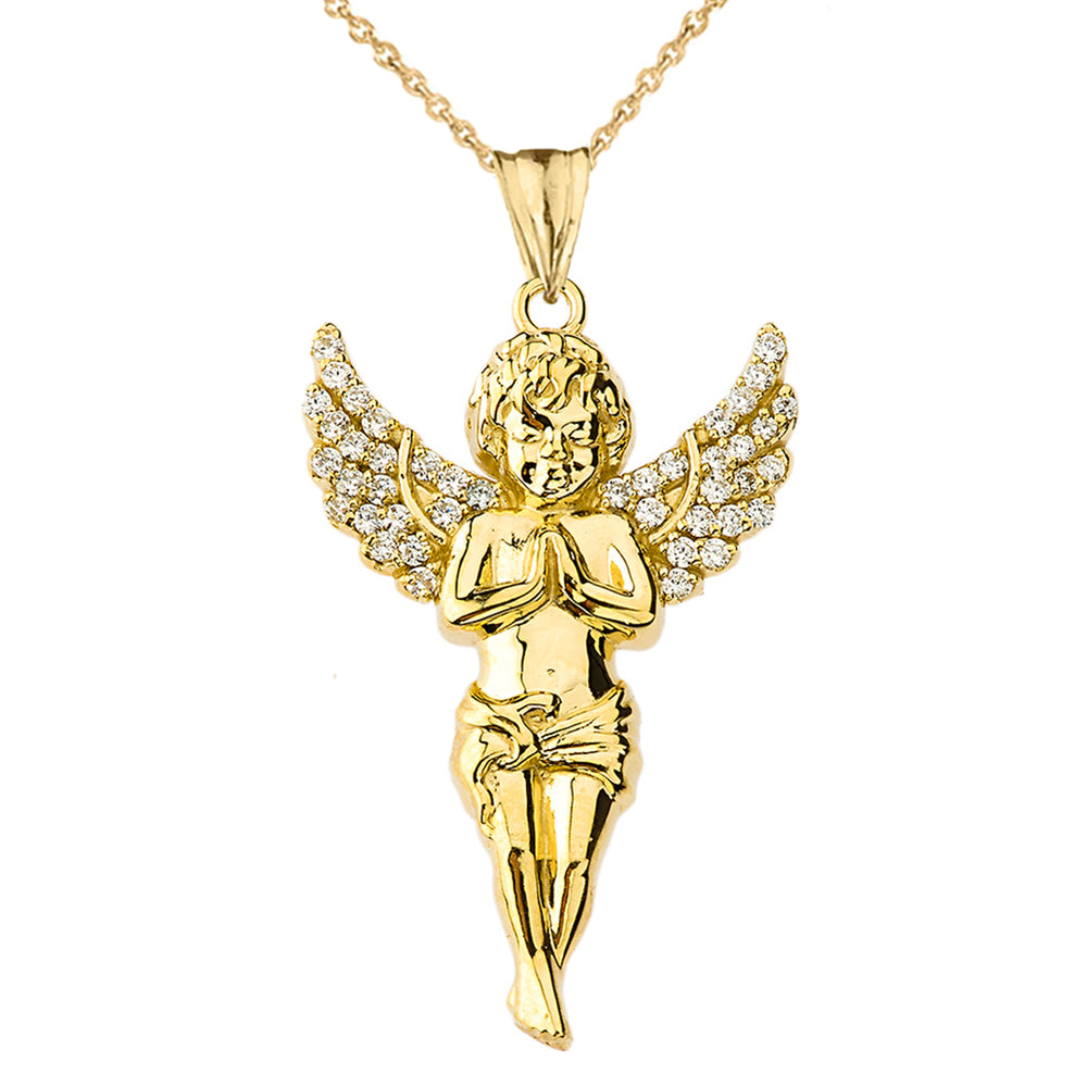 Gold Angel Pendant Necklace with Cubic Zirconia