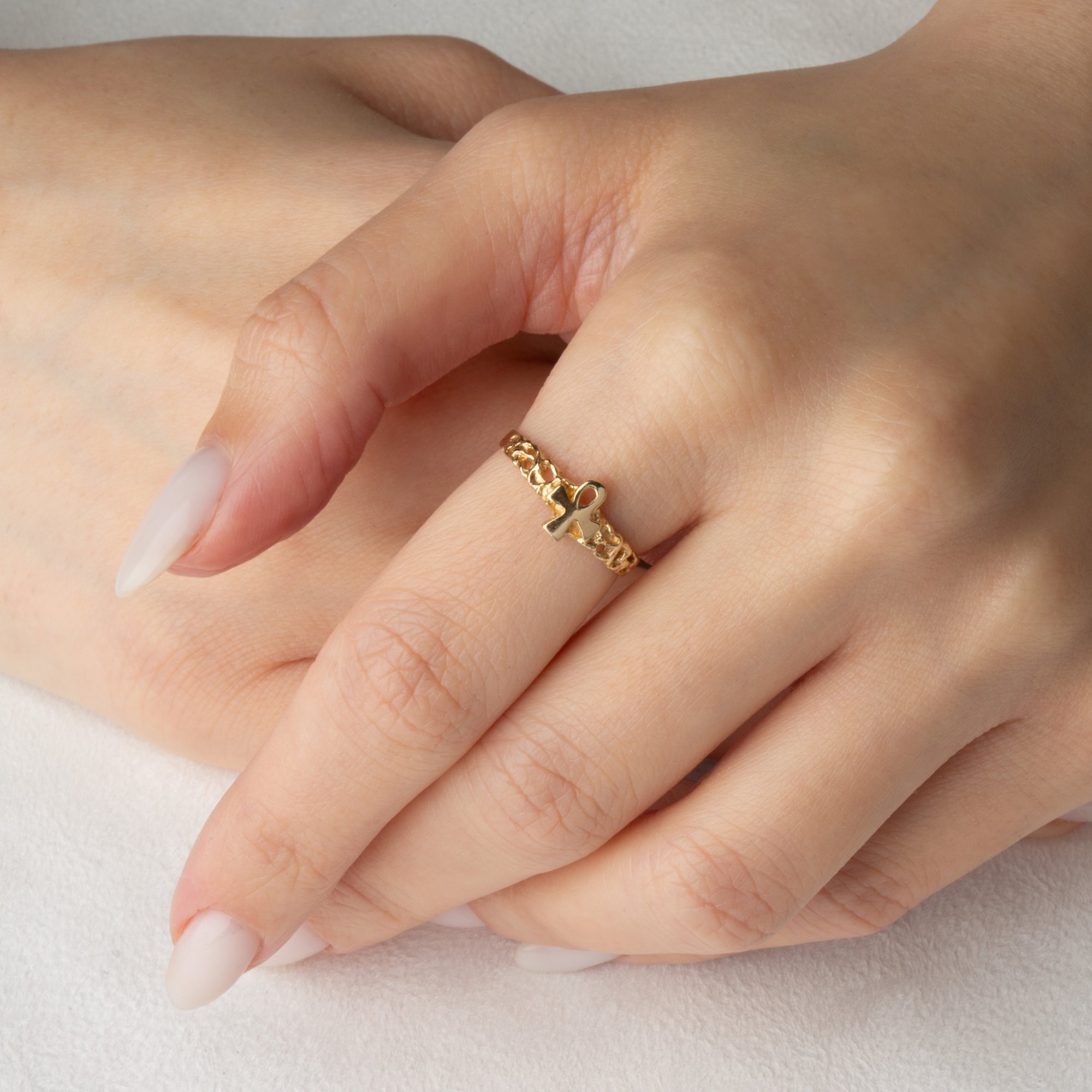 Gold Ankh Cross Nugget Ring, view 2