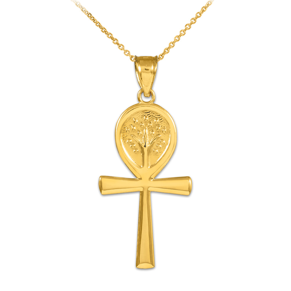Gold Ankh Cross Tree of Life Pendant Necklace