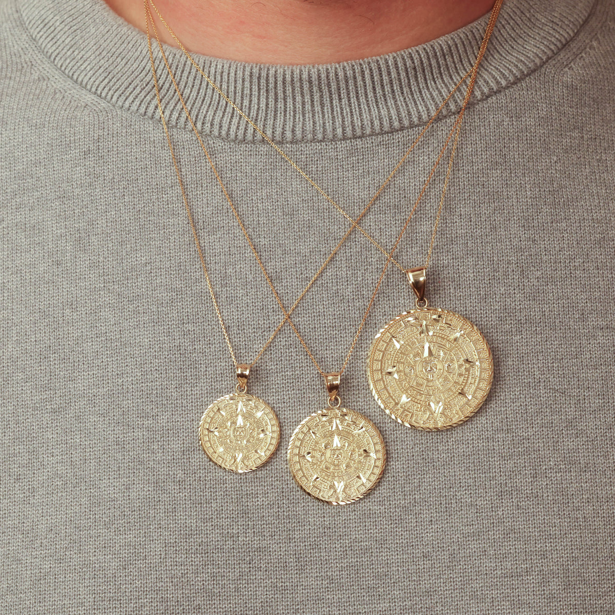 Gold Aztec Calendar Pendant Medallion Necklace, view 2