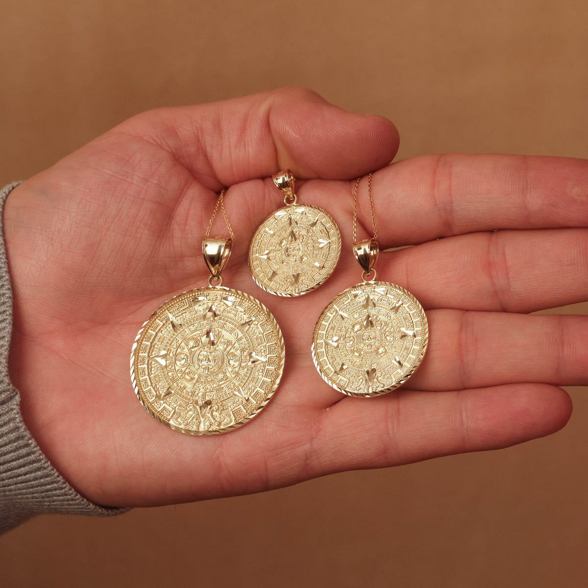 Gold Aztec Calendar Pendant Medallion Necklace, view 3