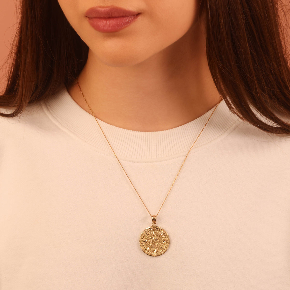 Gold Aztec Calendar Pendant Medallion Necklace, view 4