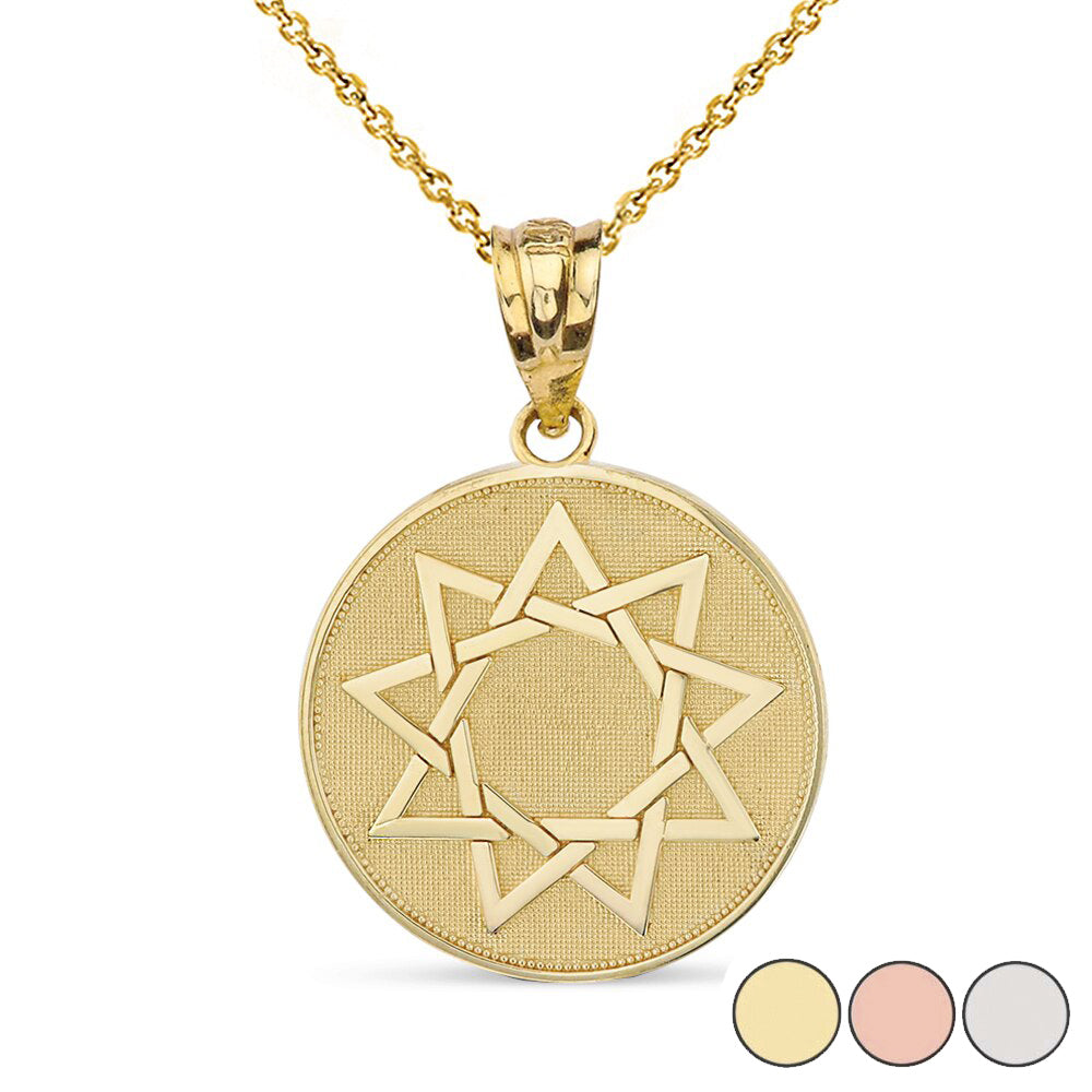 Gold Bahá'í Faith 9 Point Star Beaded Medallion Pendant Necklace