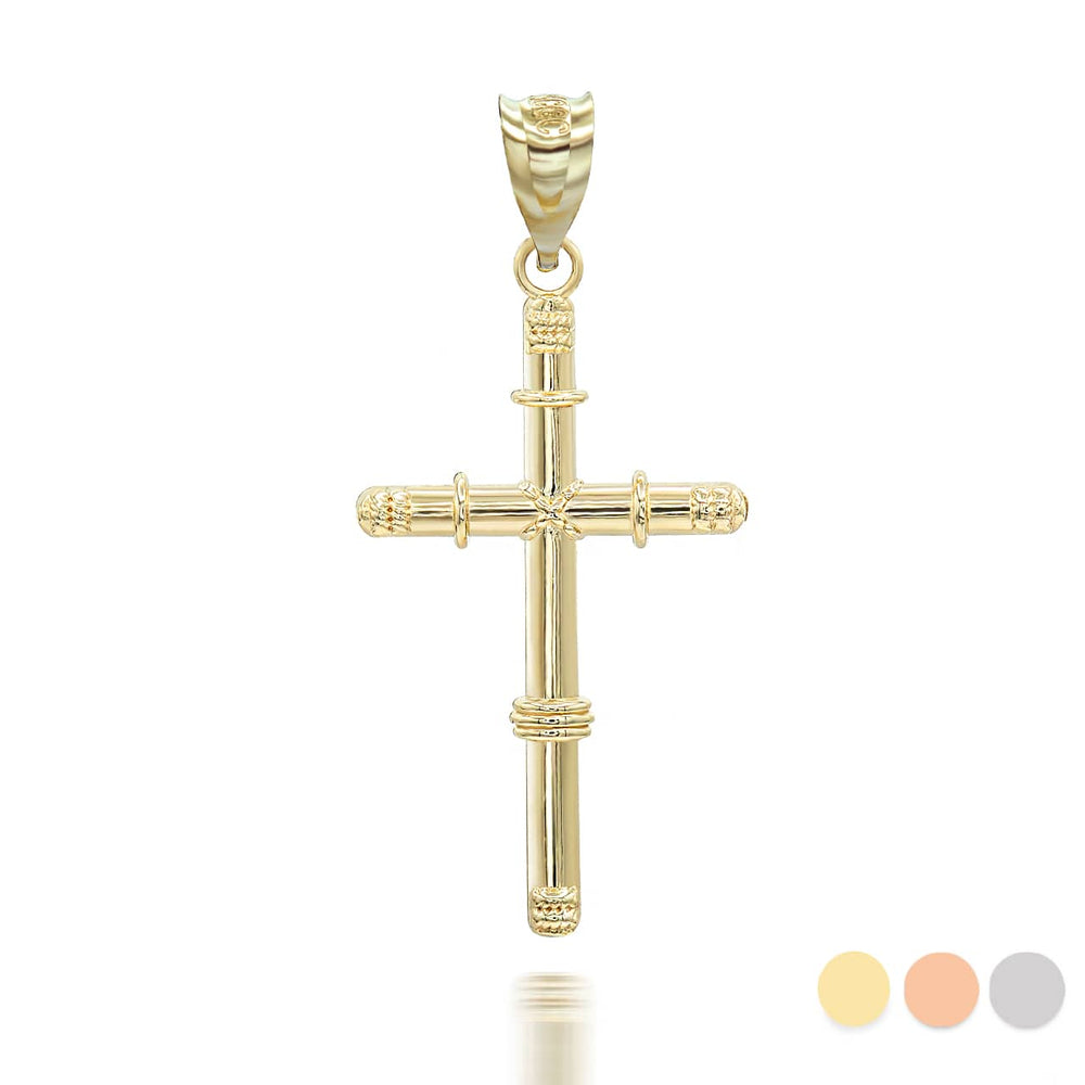 Gold Bamboo Textured Cross Pendant Necklace
