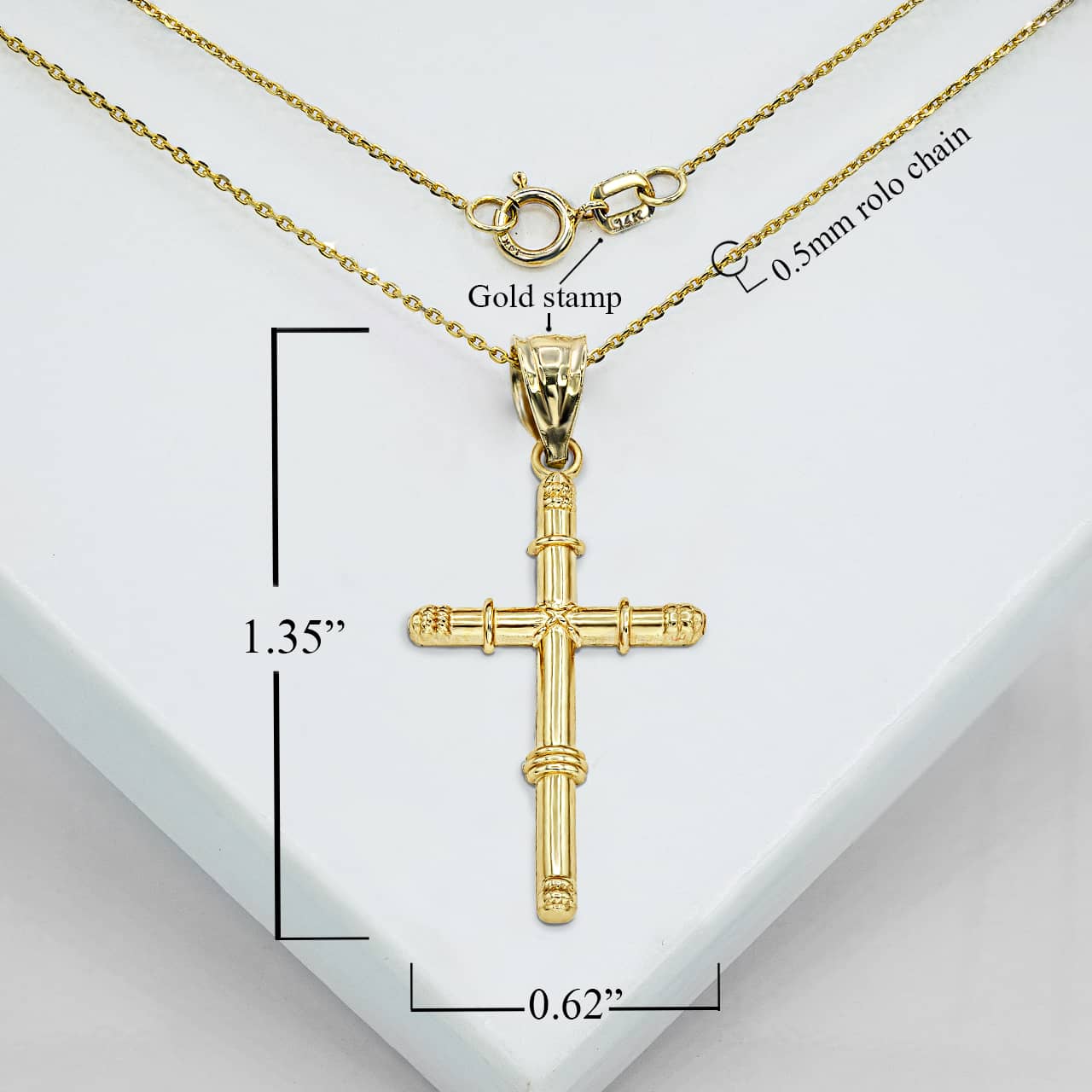 Gold Bamboo Textured Cross Pendant Necklace, view 3