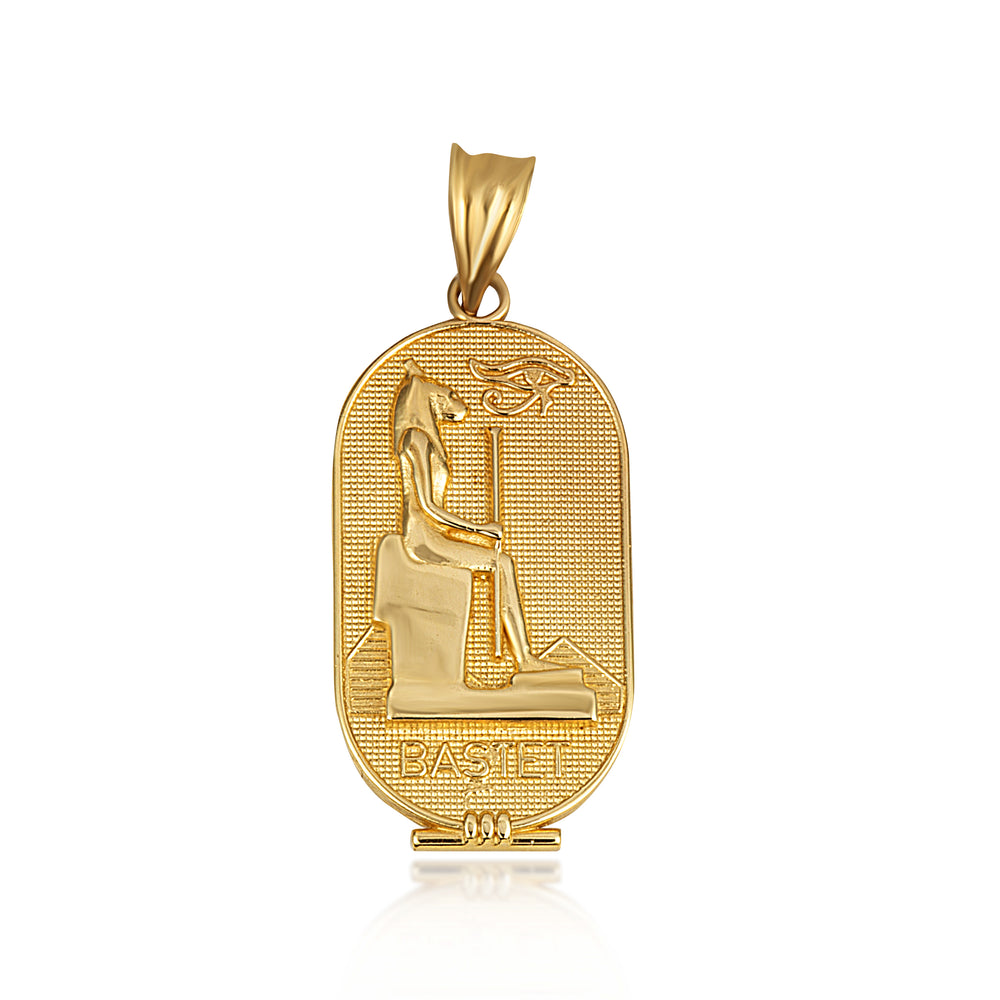 Gold Beaded Egyptian Goddess Bastet Oval Medallion Pendant Necklace
