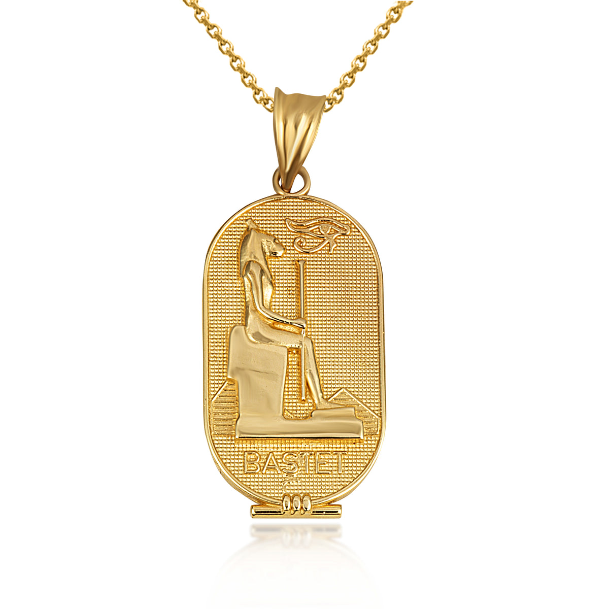 Gold Beaded Egyptian Goddess Bastet Oval Medallion Pendant Necklace, view 5