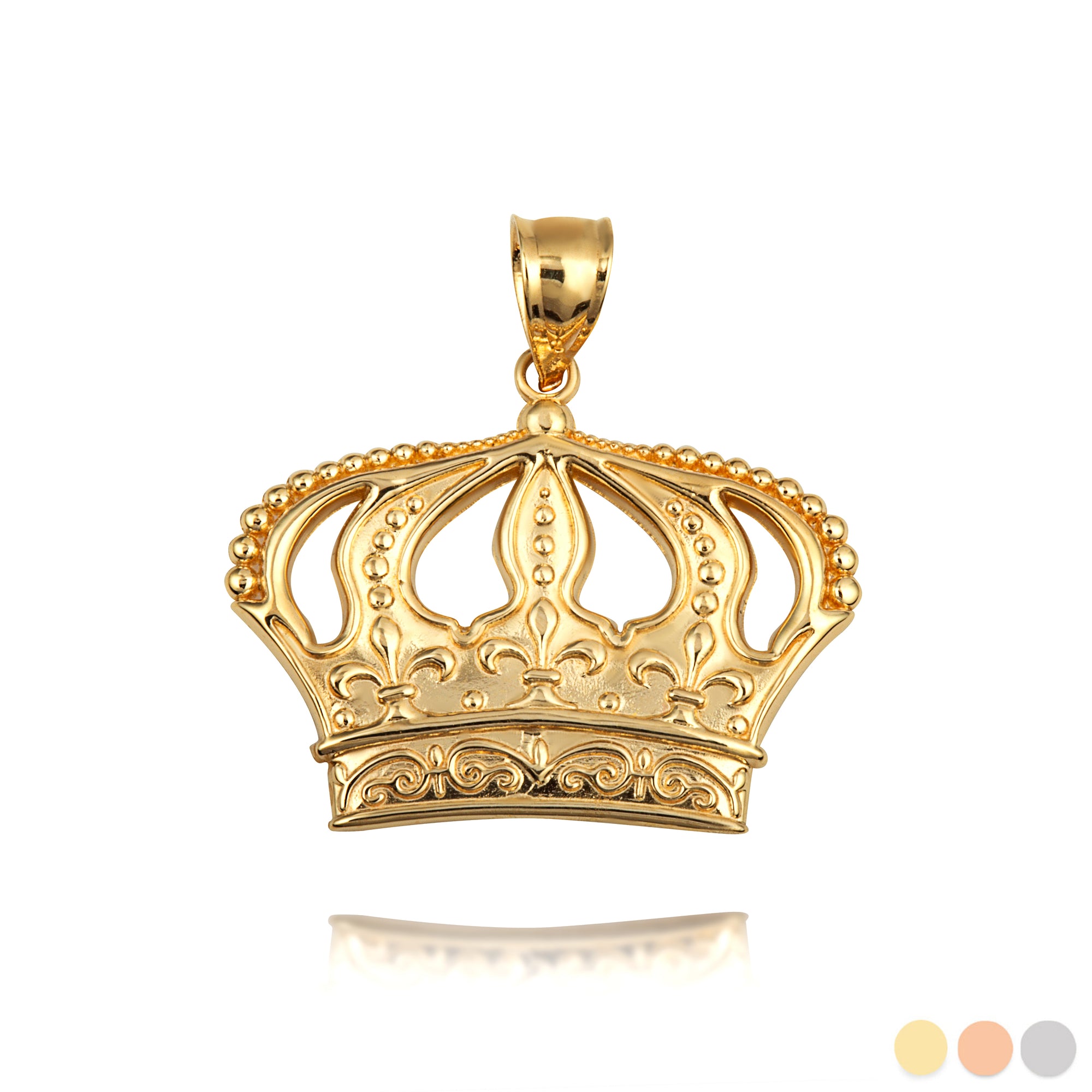 Gold Beaded French Fleur-de-lis Crown Victorian Filigree Pendant Necklace