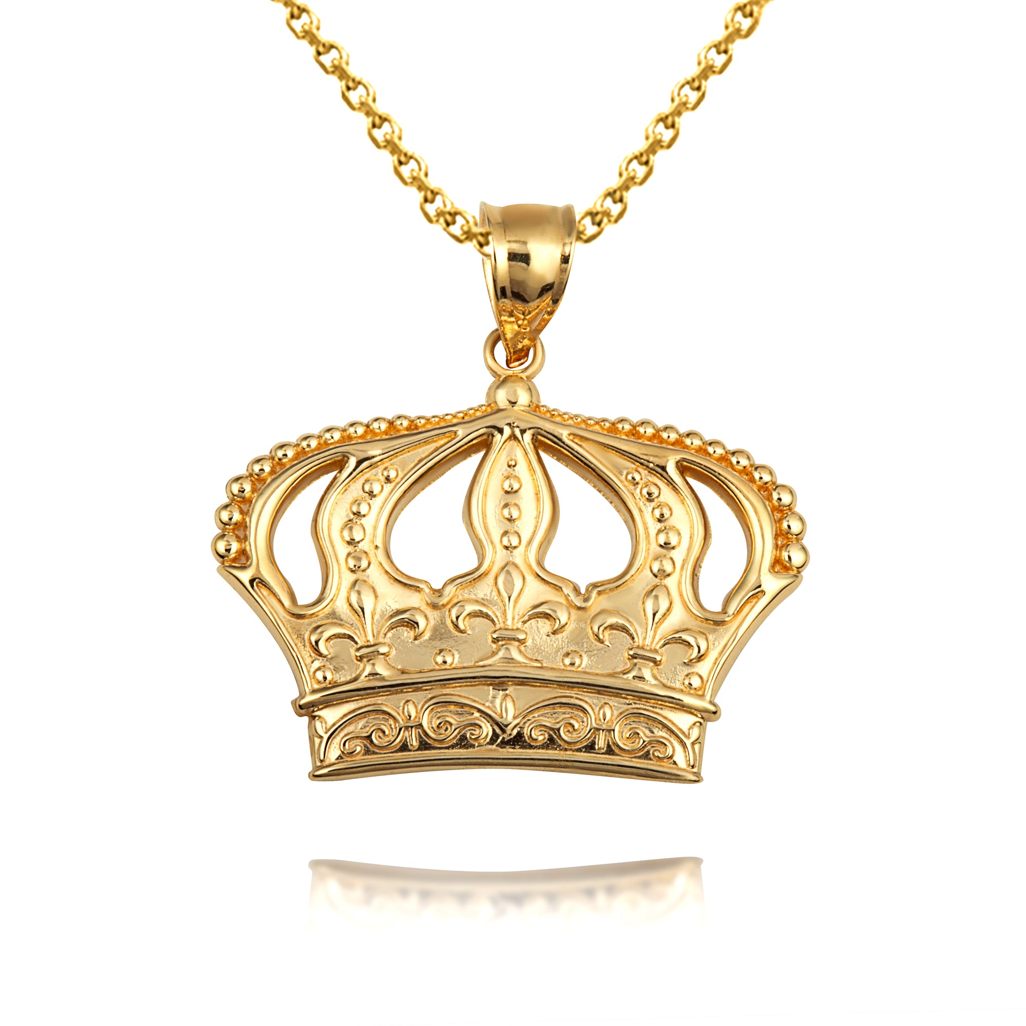 Gold Beaded French Fleur-de-lis Crown Victorian Filigree Pendant Necklace, view 4