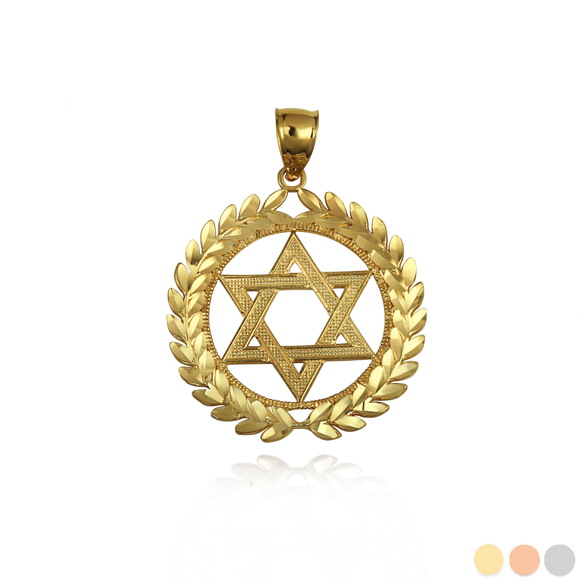 Gold Beaded Jewish Star Of David Laurel Wreath Round Pendant Necklace