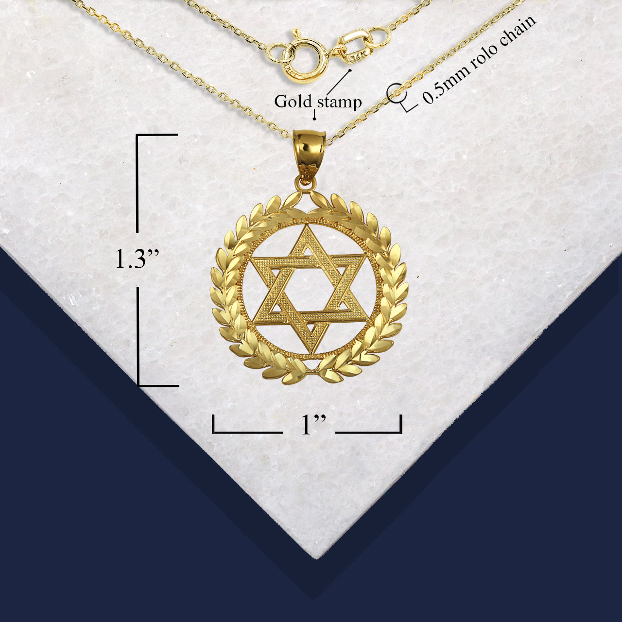 Gold Beaded Jewish Star Of David Laurel Wreath Round Pendant Necklace, view 3