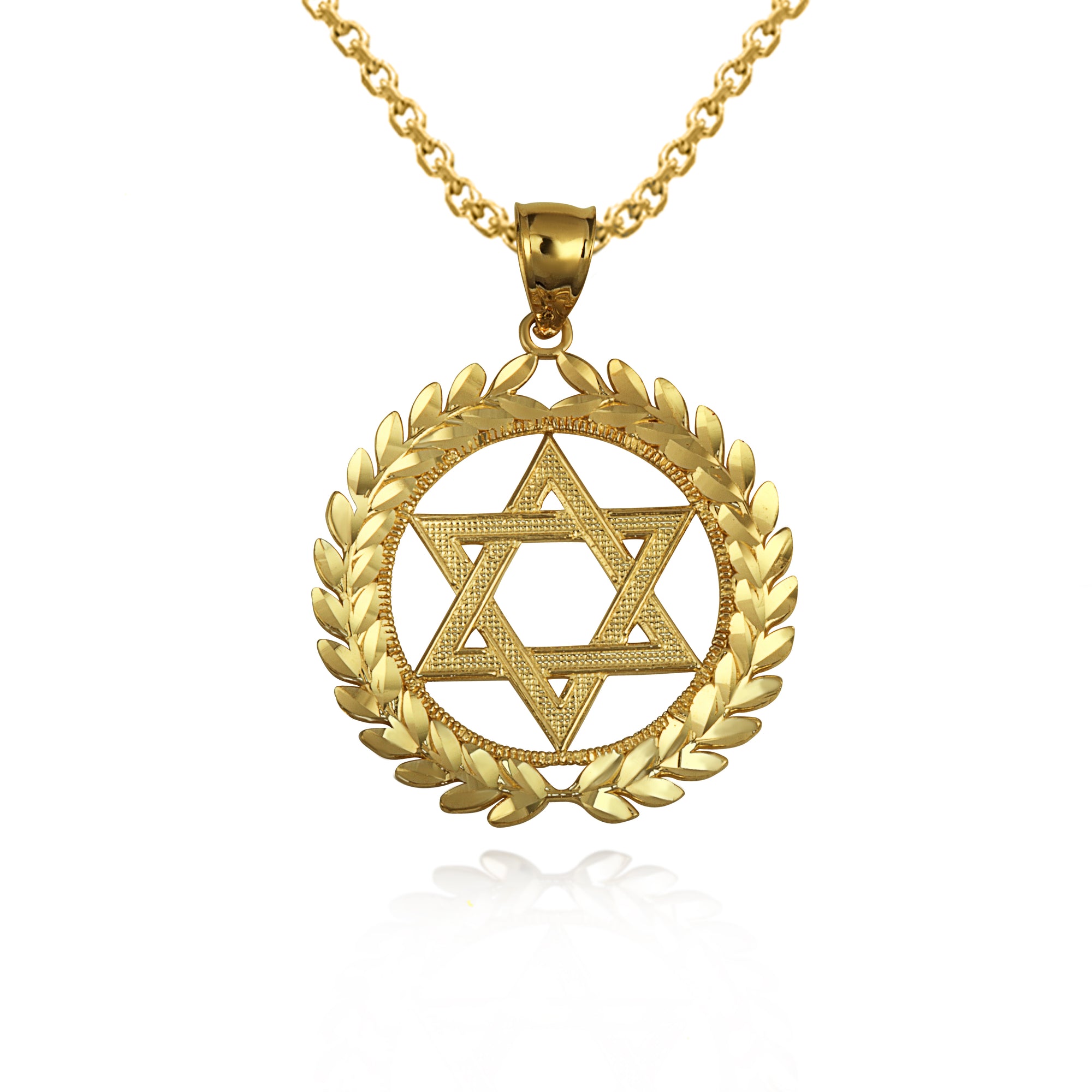 Gold Beaded Jewish Star Of David Laurel Wreath Round Pendant Necklace, view 4