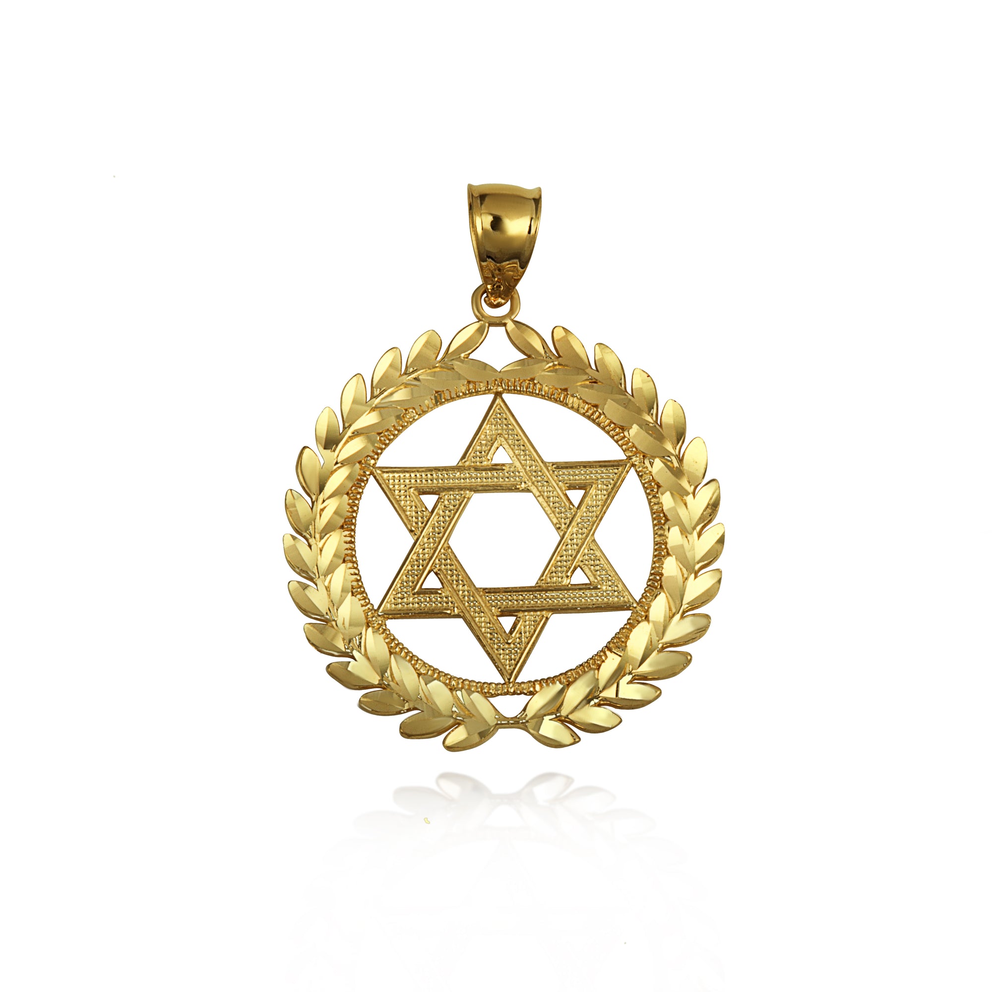 Gold Beaded Jewish Star Of David Laurel Wreath Round Pendant Necklace, view 9