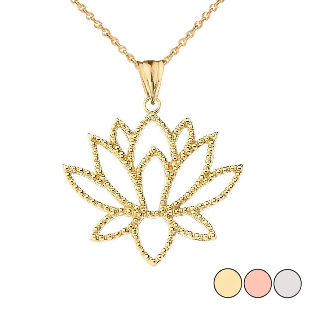 Gold Beaded Lotus Flower Blossom Pendant Necklace