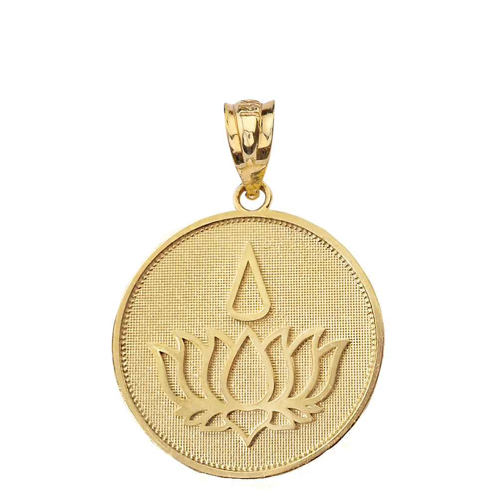 Gold Beaded Lotus Flower Blossom Teardrop Medallion Pendant Necklace, view 2
