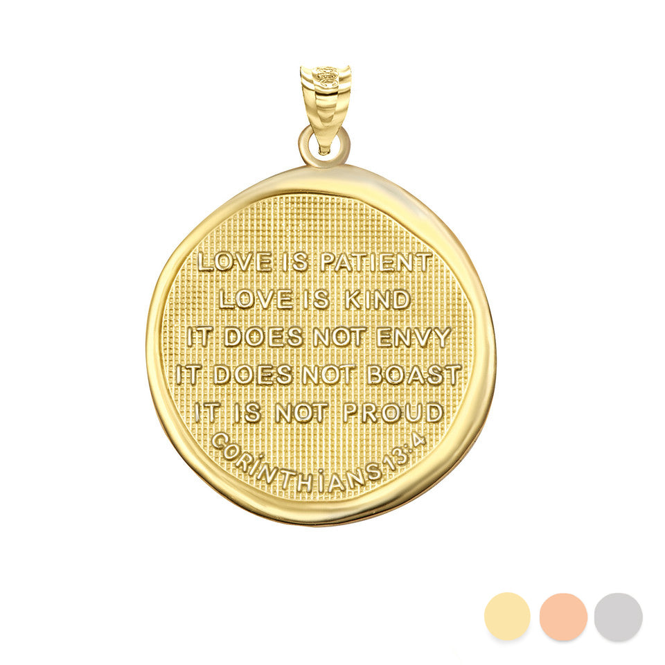 Gold Bible Verse Corinthians 13:4 Love Prayer Coin Medallion Pendant Necklace
