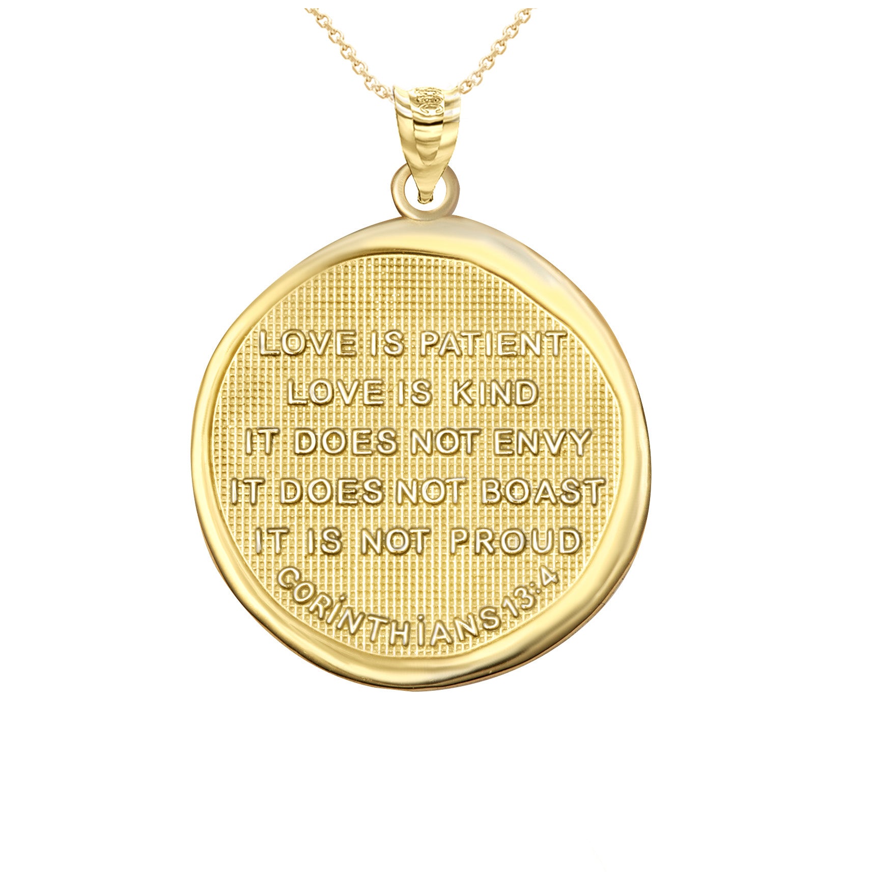 Gold Bible Verse Corinthians 13:4 Love Prayer Coin Medallion Pendant Necklace, view 4