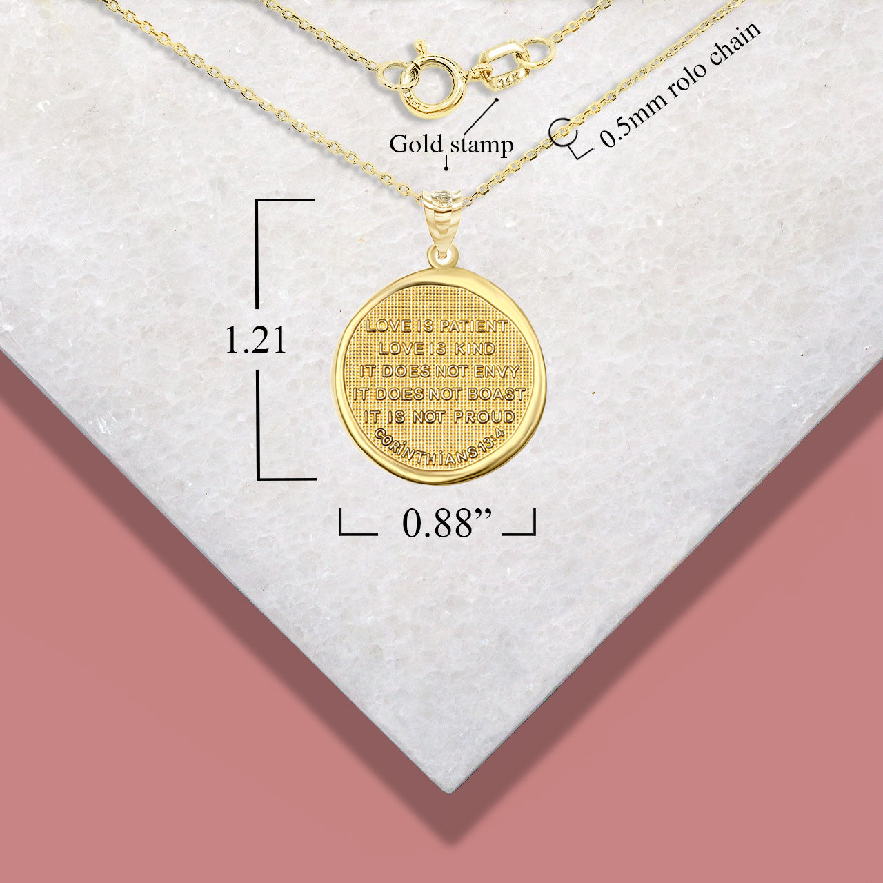 Gold Bible Verse Corinthians 13:4 Love Prayer Coin Medallion Pendant Necklace, view 5