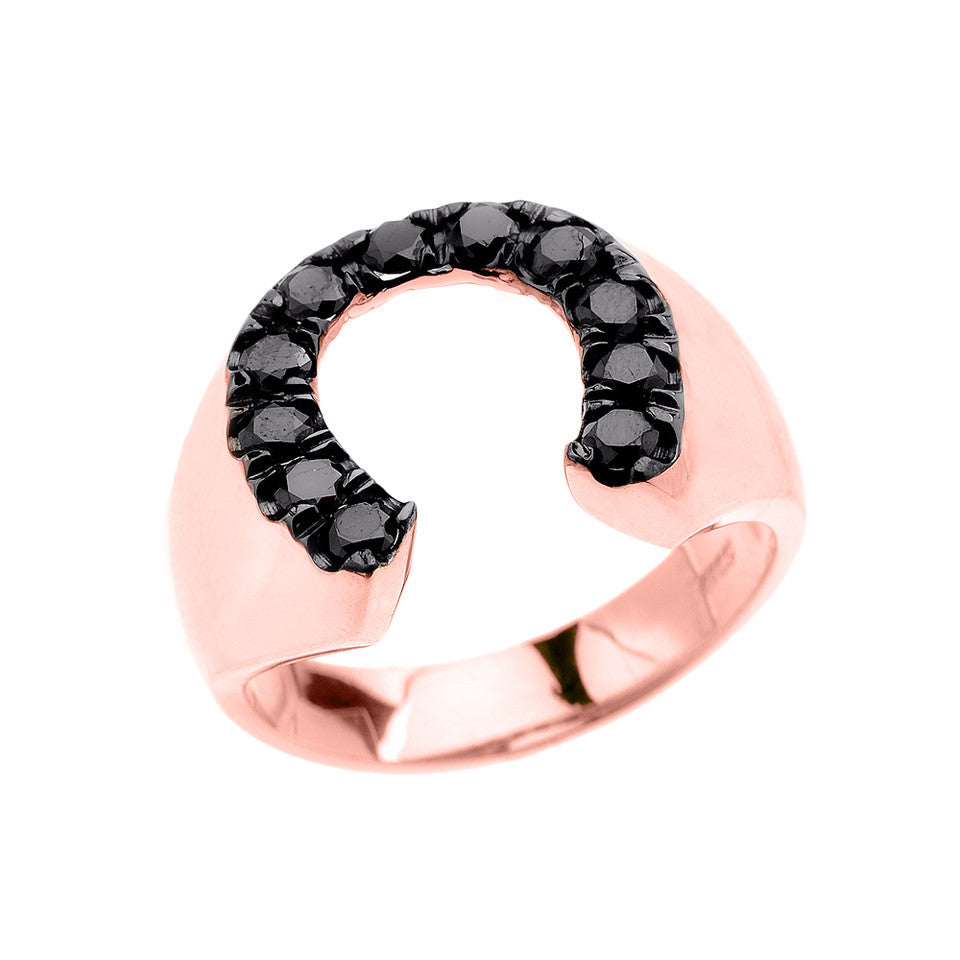 Gold Black Diamond Horseshoe Lucky Men's Ring, view 3