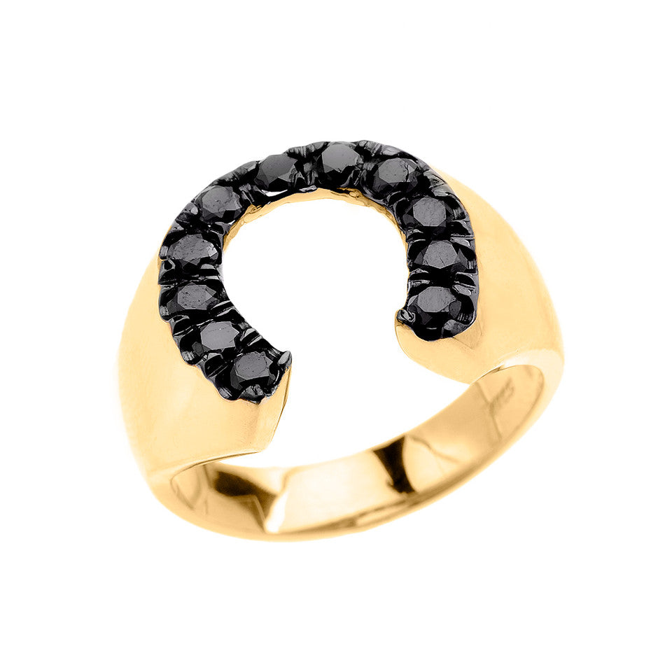 Gold Black Diamond Horseshoe Lucky Men's Ring, view 4