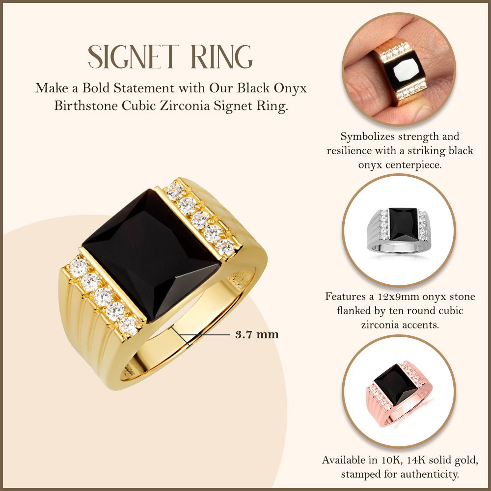 Gold Black Onyx Birthstone Cubic Zirconia Signet Ring, view 3
