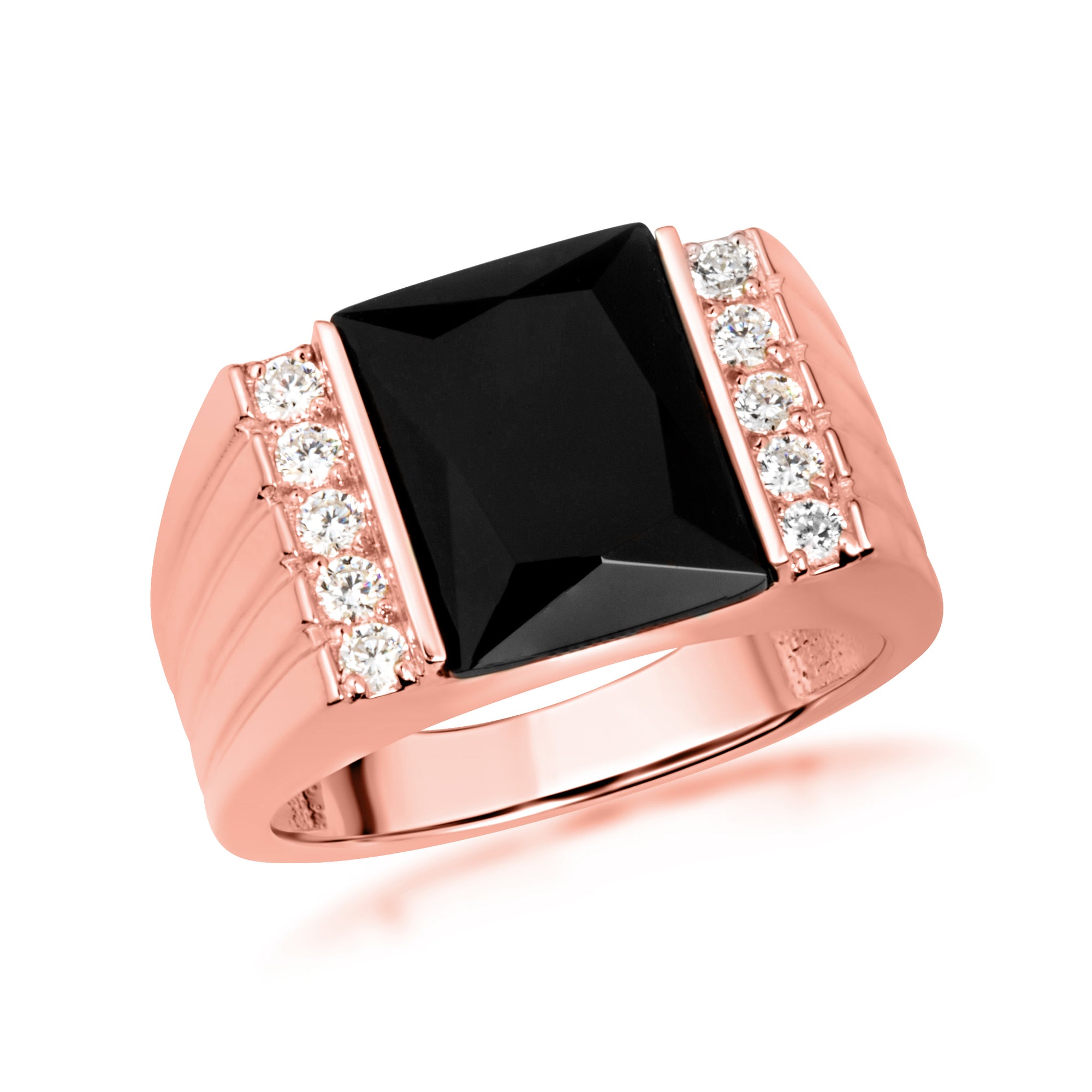 Gold Black Onyx Birthstone Cubic Zirconia Signet Ring, view 5