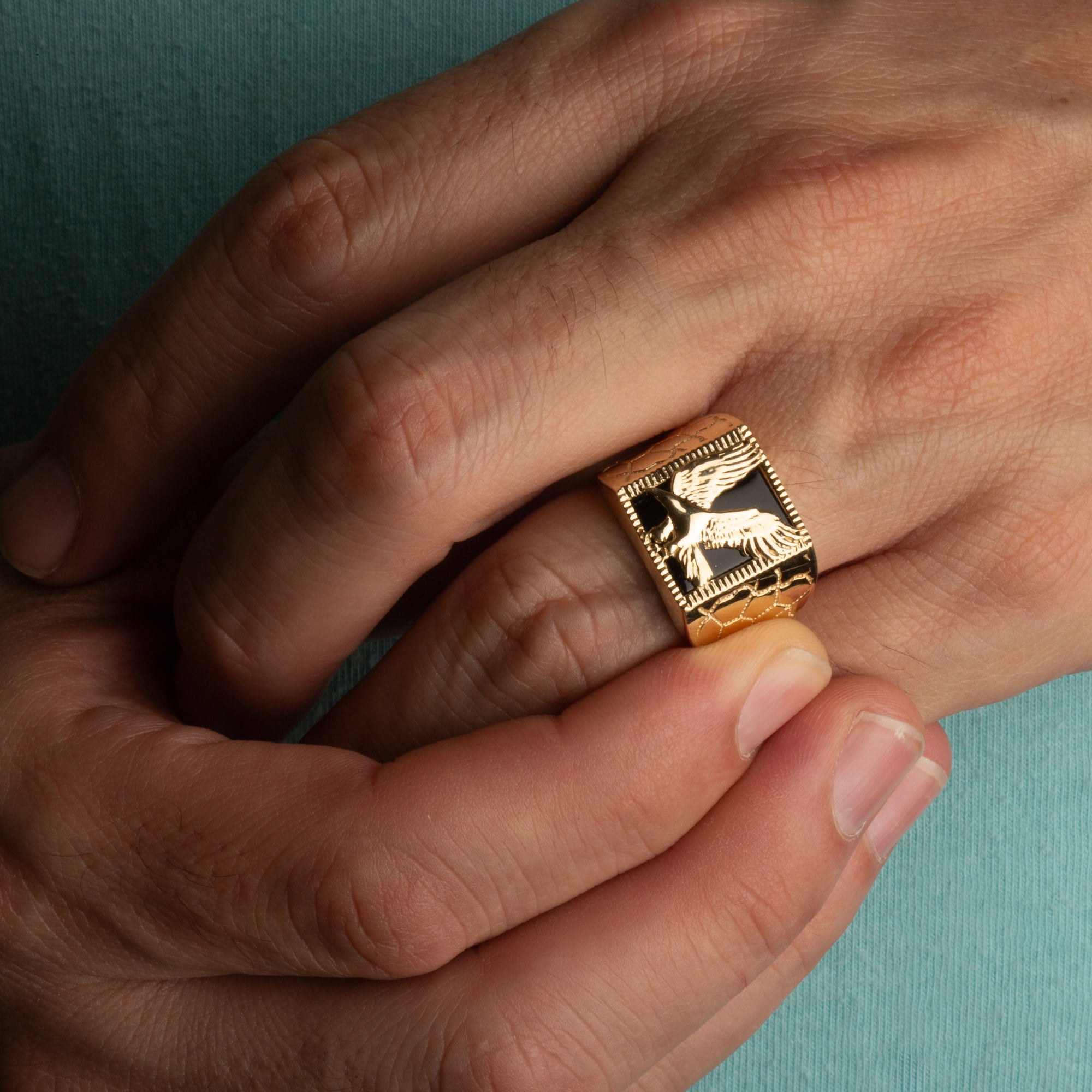 Gold Black Onyx Eagle Nugget Signet Ring, view 2