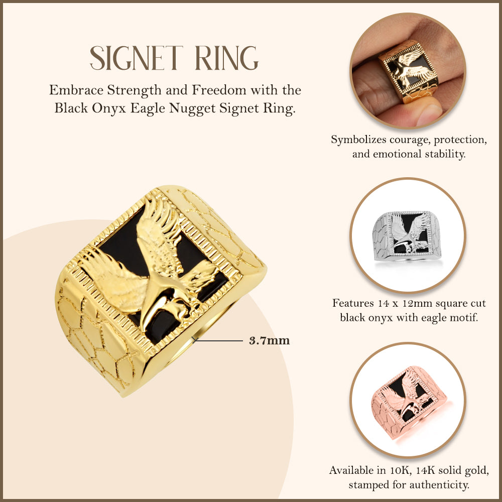 Gold Black Onyx Eagle Nugget Signet Ring, view 3