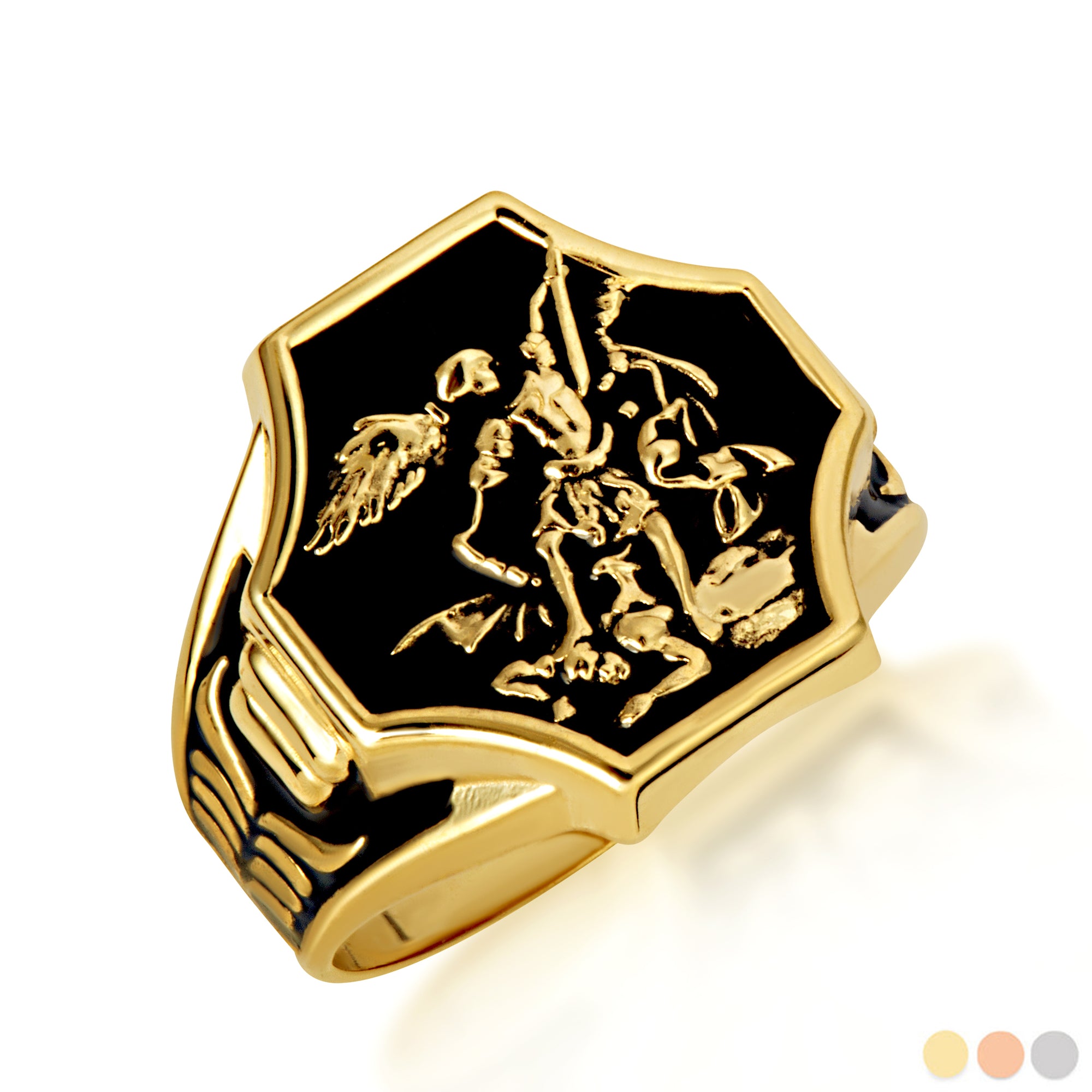 Gold Black Onyx Enamel Saint Michael Archangel Crest Signet Ring