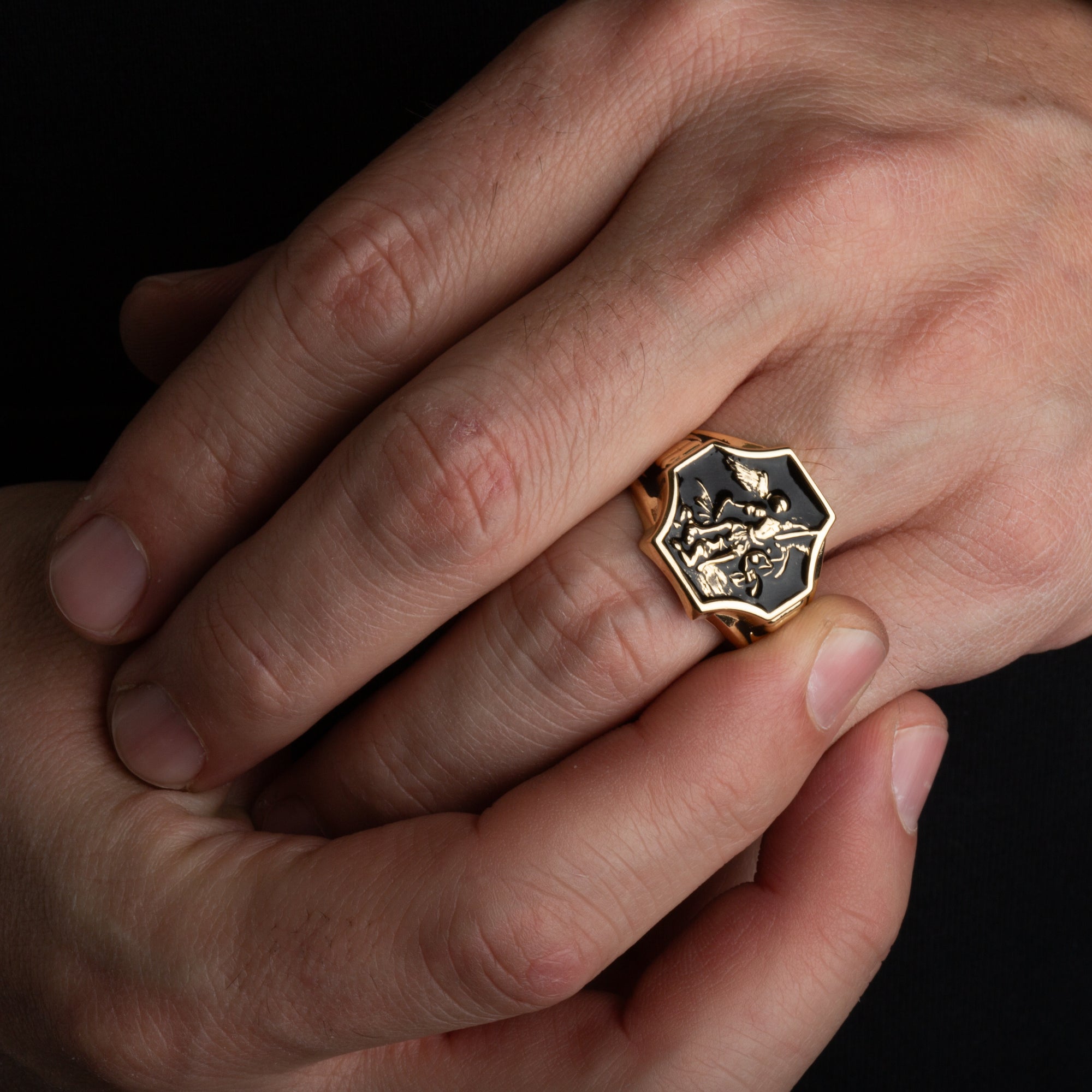 Gold Black Onyx Enamel Saint Michael Archangel Crest Signet Ring, view 2