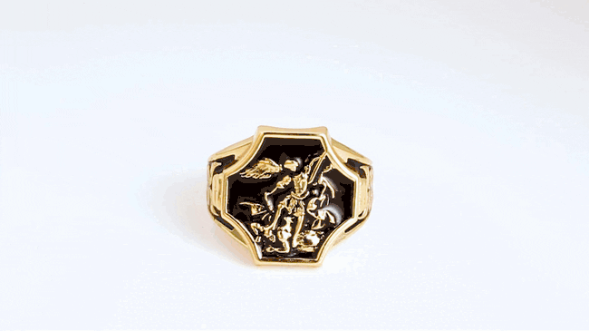 Gold Black Onyx Enamel Saint Michael Archangel Crest Signet Ring, view 3