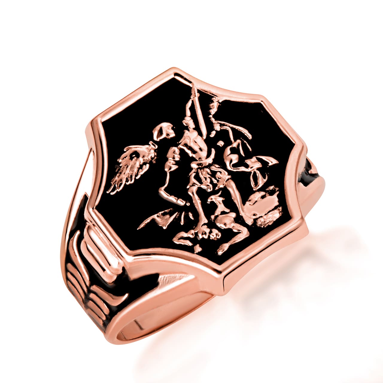 Gold Black Onyx Enamel Saint Michael Archangel Crest Signet Ring, view 4