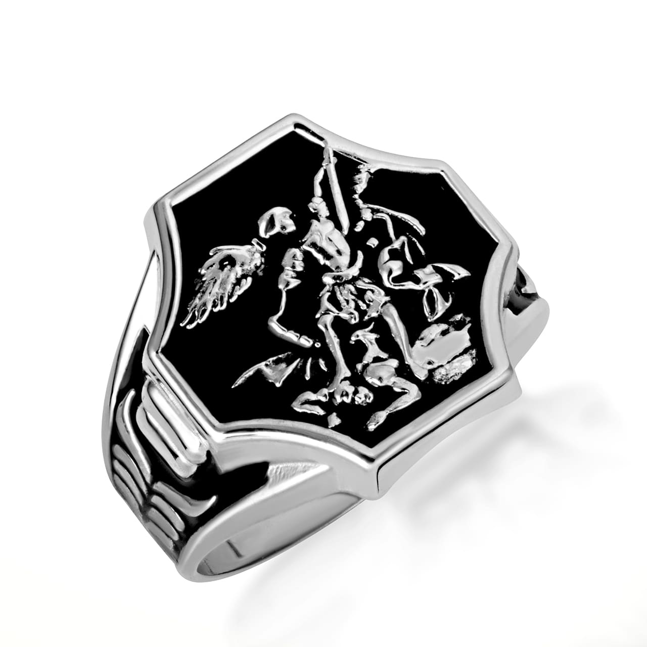 Gold Black Onyx Enamel Saint Michael Archangel Crest Signet Ring, view 5