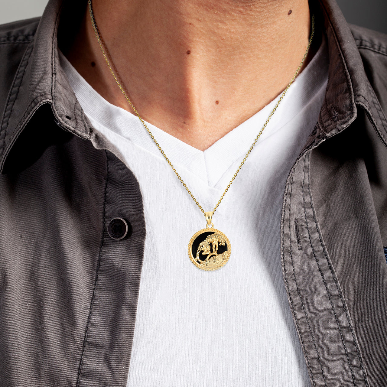 Gold Black Onyx Tiger Diamond Cut Rope Pendant Necklace, view 2