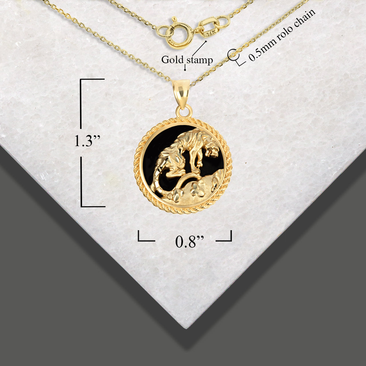 Gold Black Onyx Tiger Diamond Cut Rope Pendant Necklace, view 3