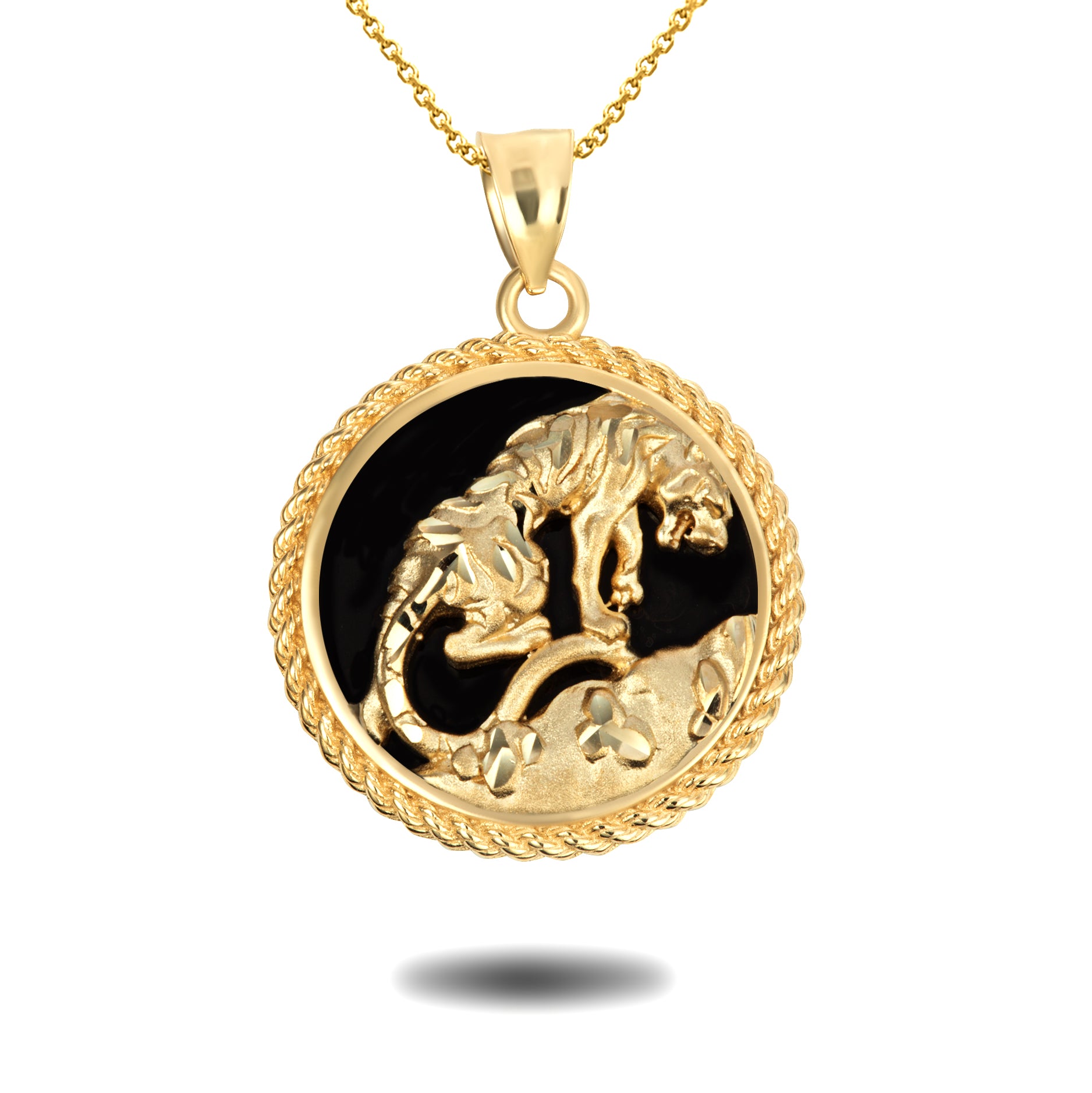 Gold Black Onyx Tiger Diamond Cut Rope Pendant Necklace, view 4