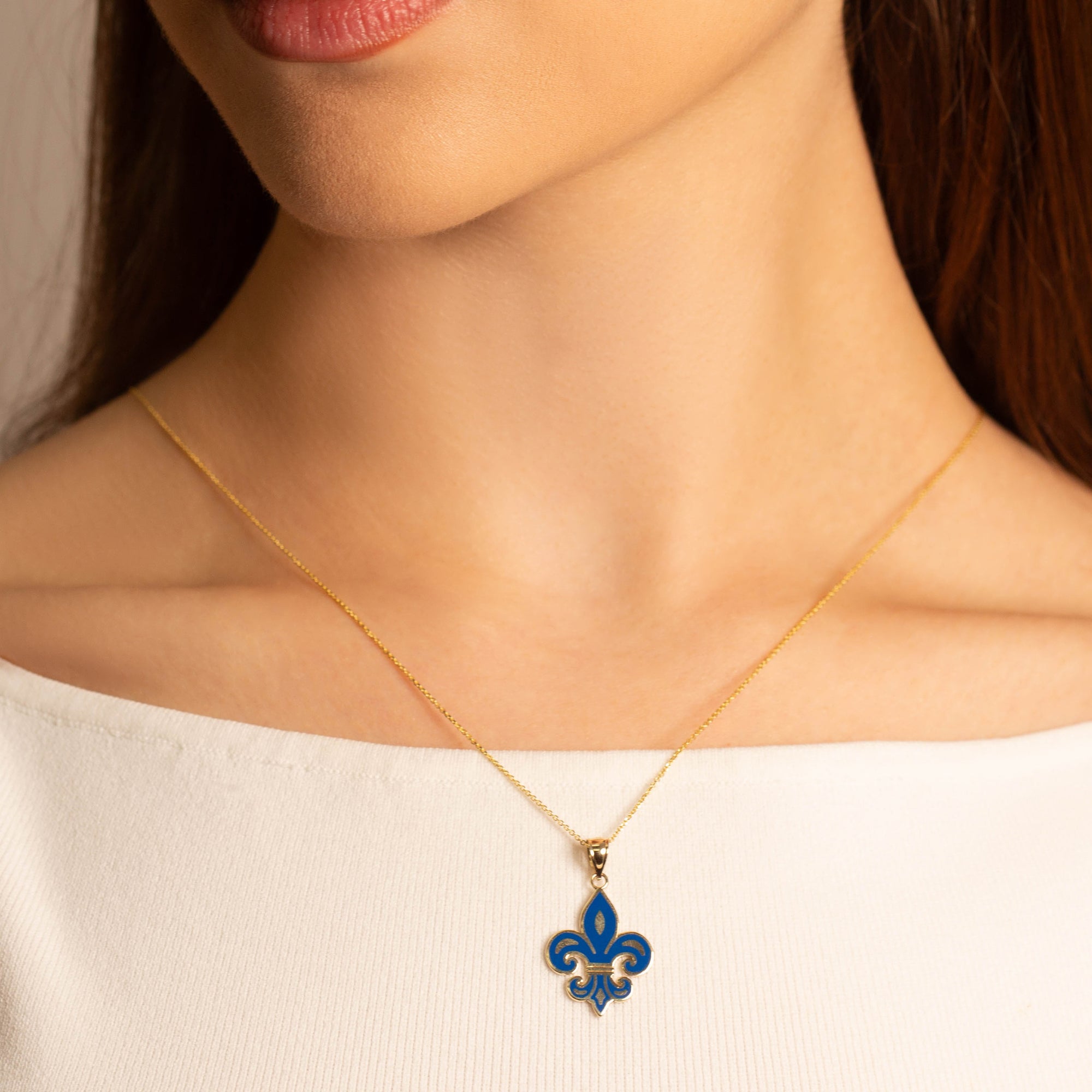 Gold Blue Enamel French Fleur-de-lis Pendant Necklace, view 2