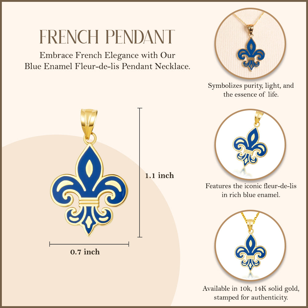Gold Blue Enamel French Fleur-de-lis Pendant Necklace, view 3